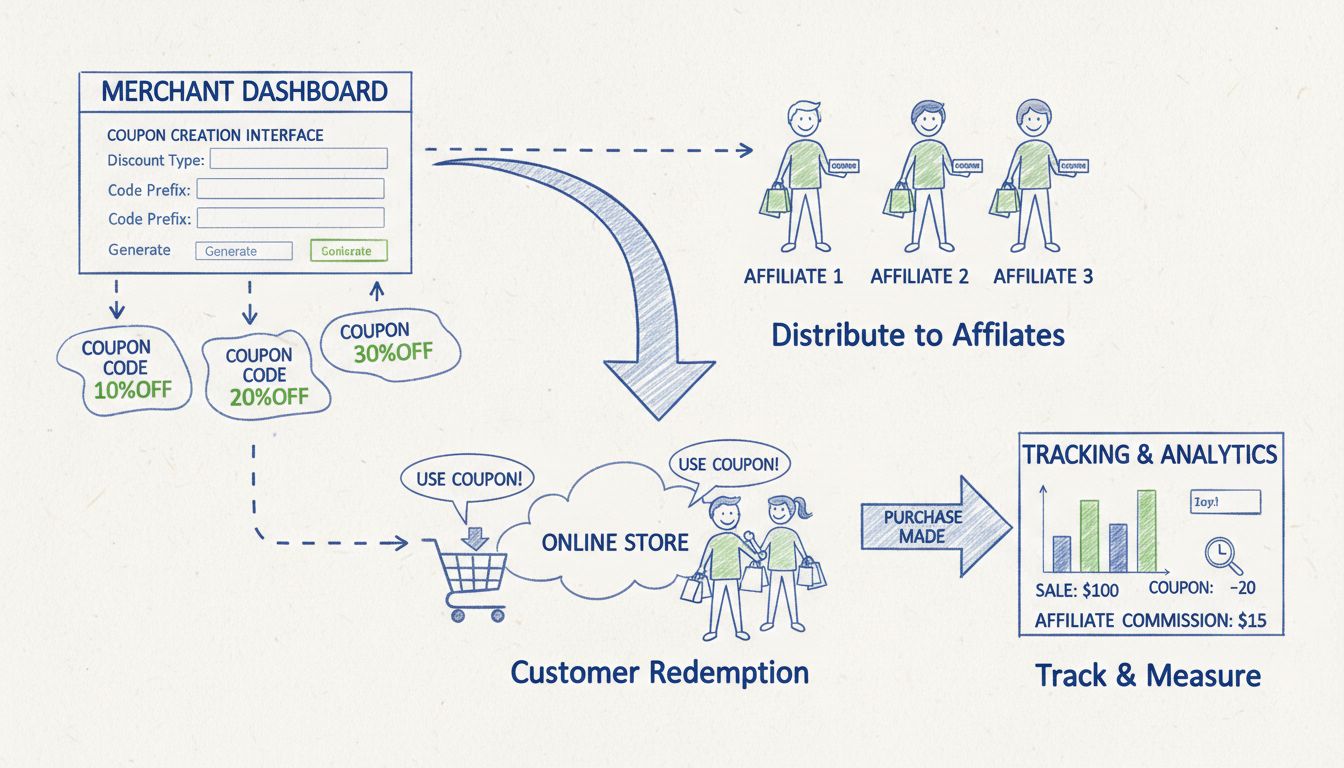 Diagrama do fluxo de geração de cupons mostrando painel do lojista, criação de cupons, distribuição para afiliado, resgate pelo cliente e acompanhamento