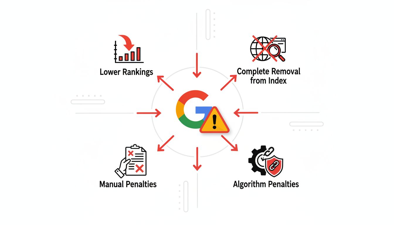 Infográfico mostrando penalidades e riscos de SEO, incluindo quedas de ranking, remoção do índice, penalidades manuais e algorítmicas