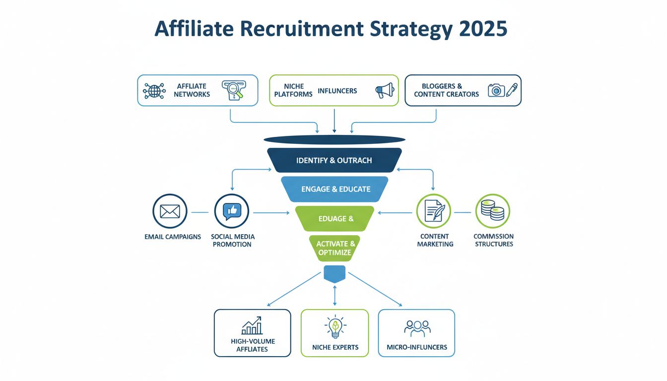 Estratégia de Recrutamento de Afiliados 2025 mostrando múltiplos canais, incluindo redes de afiliados, plataformas de nicho, influenciadores, blogueiros e criadores de conteúdo com funil de recrutamento
