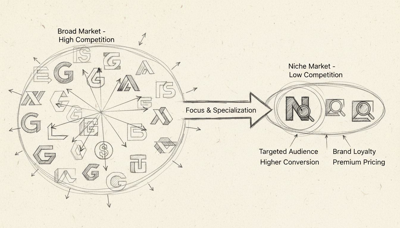 Diagrama de estratégia de marketing de nicho mostrando mercado amplo vs mercado de nicho focado com menor concorrência
