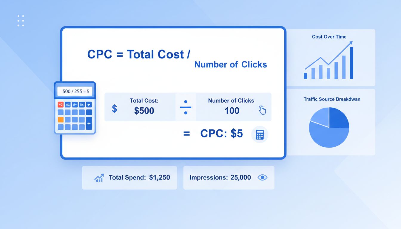 Fórmula de cálculo do custo por clique e exemplo mostrando R$500 divididos por 100 cliques resultando em R$5 de CPC com visualização profissional de dashboard
