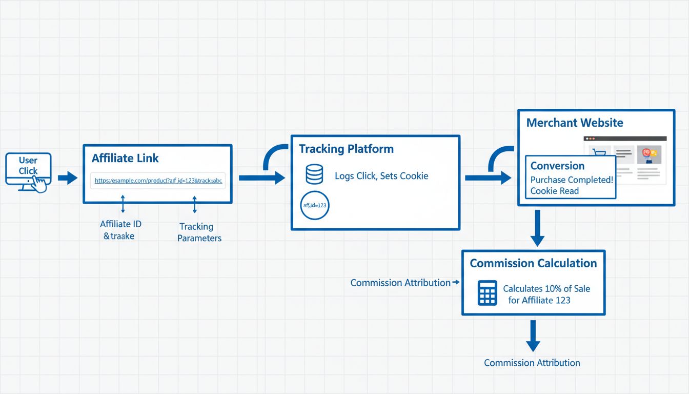 Diagrama técnico mostrando o fluxo do link de rastreamento de afiliados com clique do usuário, parâmetros de rastreamento e atribuição de conversão