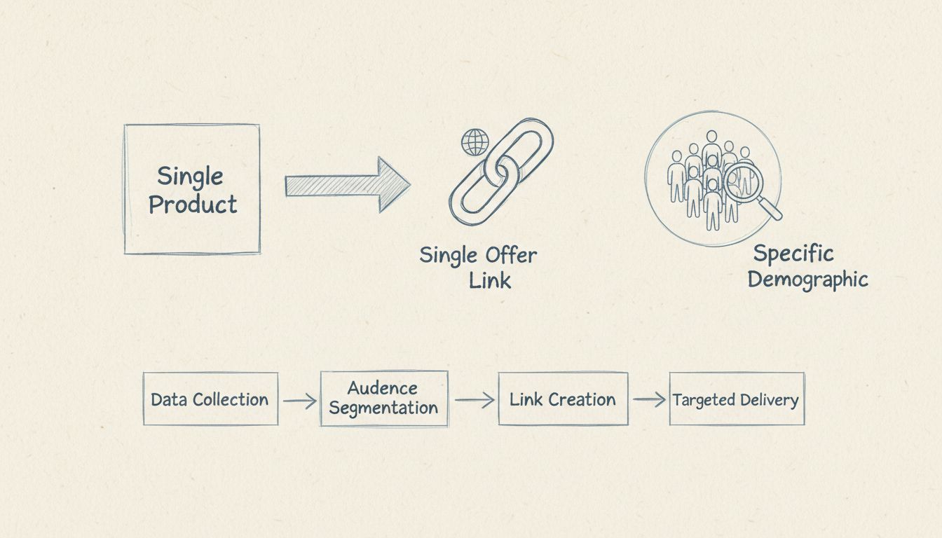 Diagrama desenhado à mão mostrando o fluxo de uma oferta individual: Produto Único para Público Específico por meio de link de oferta único, com fluxo mostrando Coleta de Dados, Segmentação de Público, Criação de Link e Entrega Direcionada