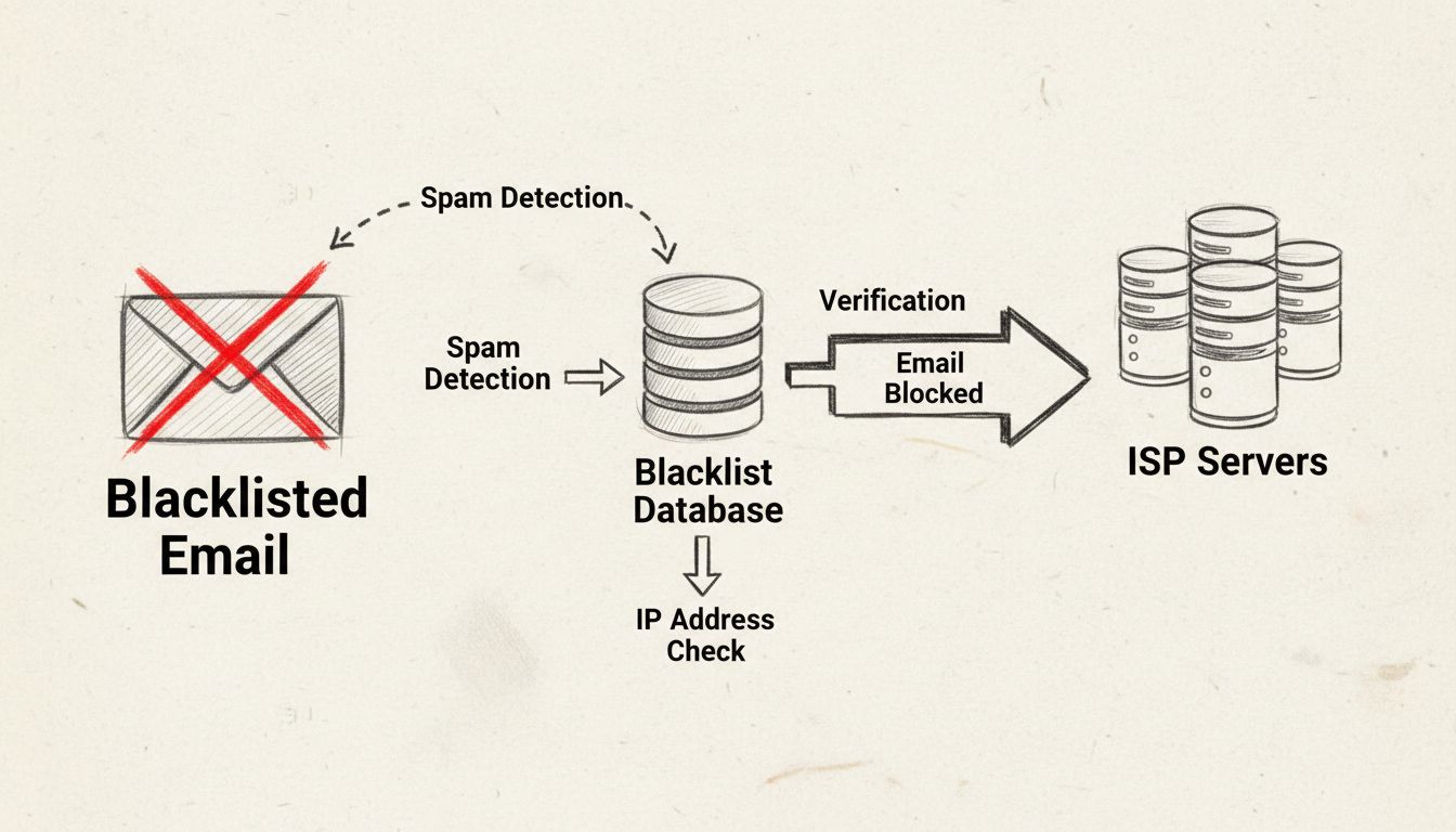 Diagrama do fluxo de blacklist de e-mail mostrando detecção de spam, checagem de endereço IP, verificação de domínio e processo de bloqueio de e-mails