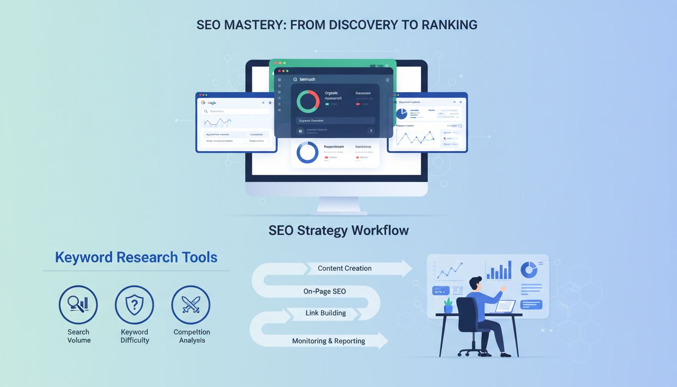 Painel de ferramentas de pesquisa de palavras-chave mostrando volume de busca, dificuldade da palavra-chave e análise de concorrência