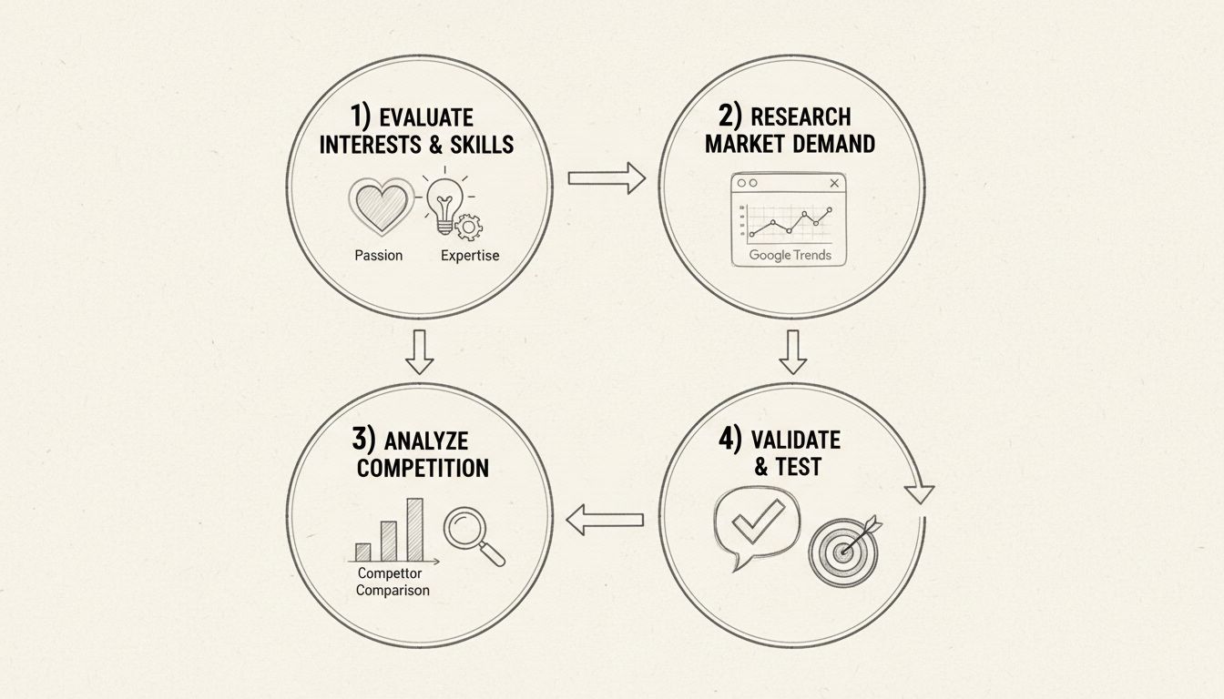 Diagrama desenhado à mão mostrando o framework de escolha de nicho com 4 etapas: Avaliar Interesses e Habilidades, Pesquisar Demanda de Mercado, Analisar Concorrência e Validar & Testar