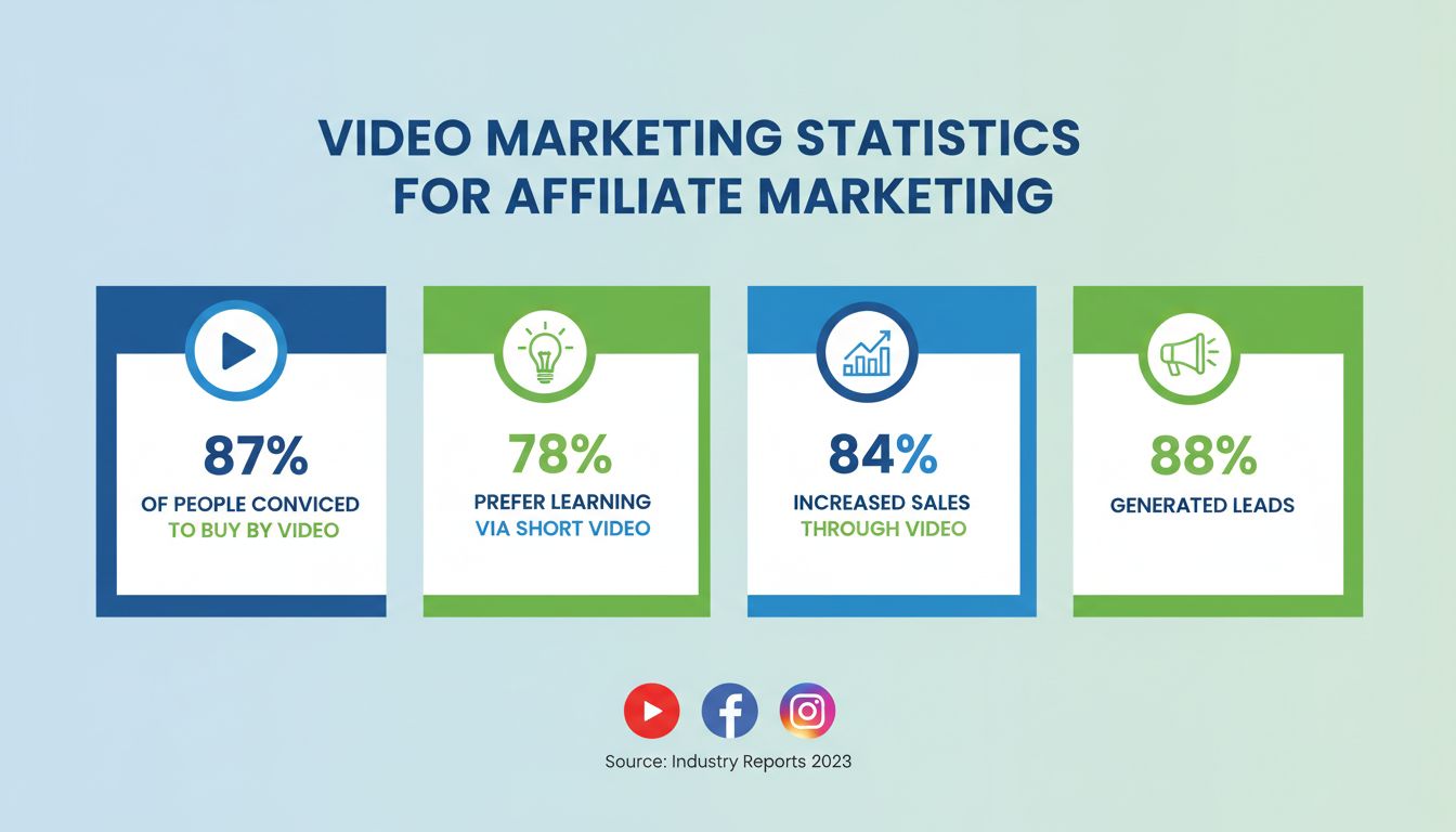 Infográfico de estatísticas de marketing em vídeo mostrando 87% de taxa de decisão de compra, 78% de preferência por vídeo, 84% de aumento nas vendas e 88% de geração de leads