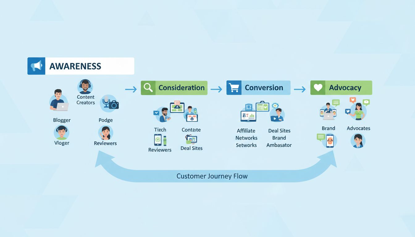 Estágios do funil de marketing de afiliados mostrando reconhecimento, consideração, conversão e advocacia com diferentes tipos de afiliados em cada estágio