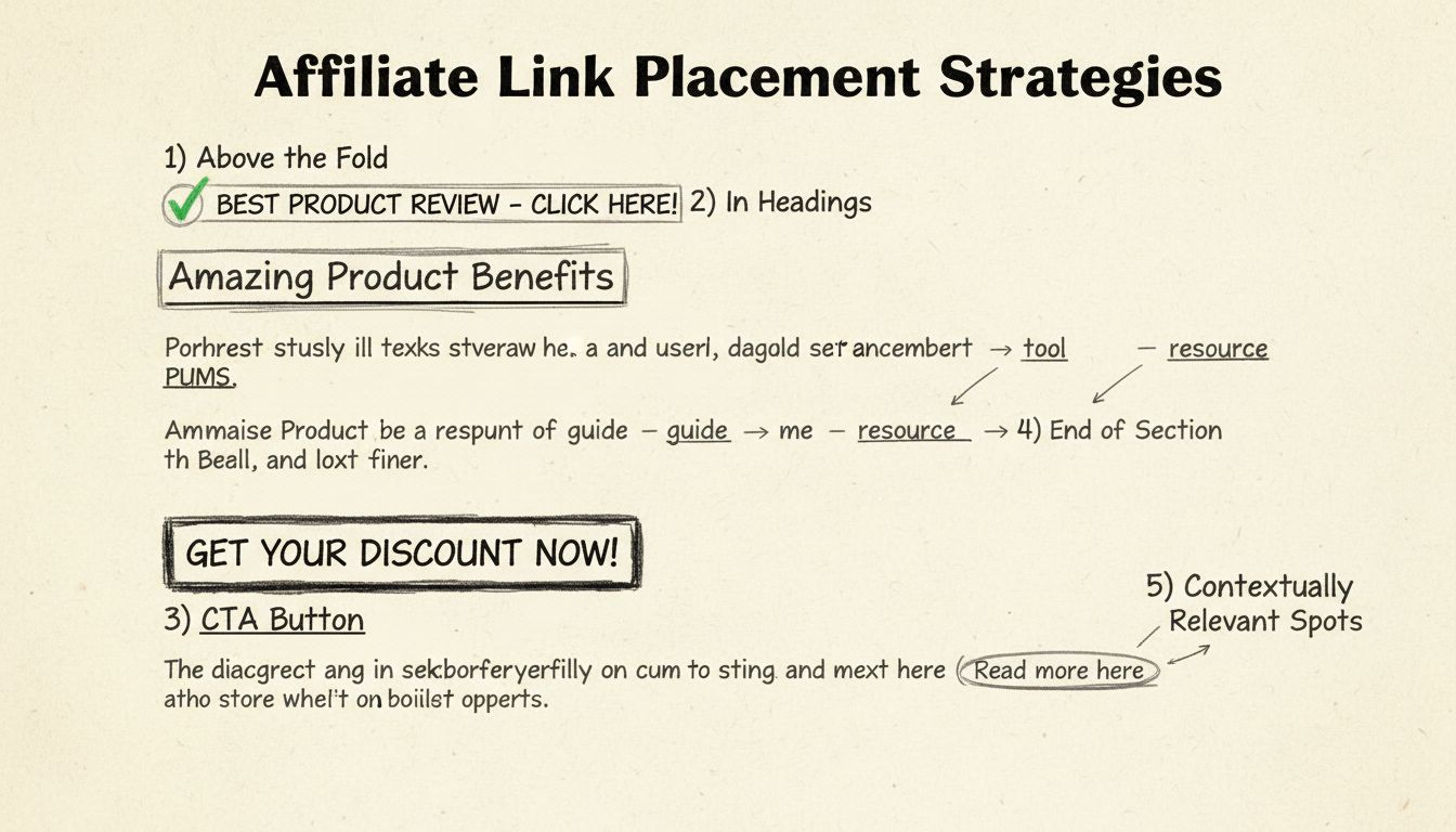 Diagrama de estratégias eficazes de posicionamento de links de afiliado mostrando acima da dobra, títulos, botões de CTA e locais contextualmente relevantes