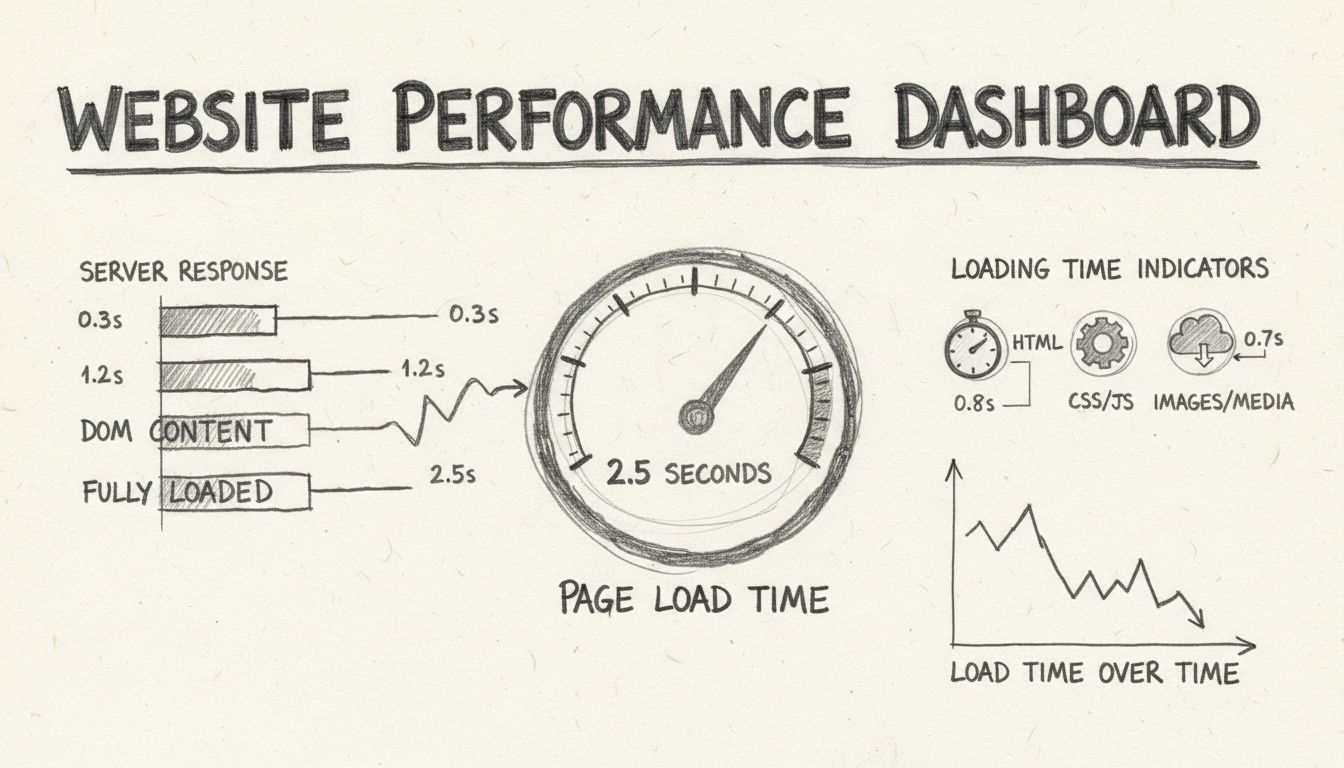 Painel de métricas de desempenho do site mostrando indicadores de tempo de carregamento, velocímetro e barras de performance para elementos da página