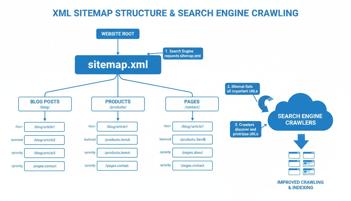 Diagrama da Estrutura de Sitemap XML mostrando a organização hierárquica do site com caminhos de rastreamento dos mecanismos de busca