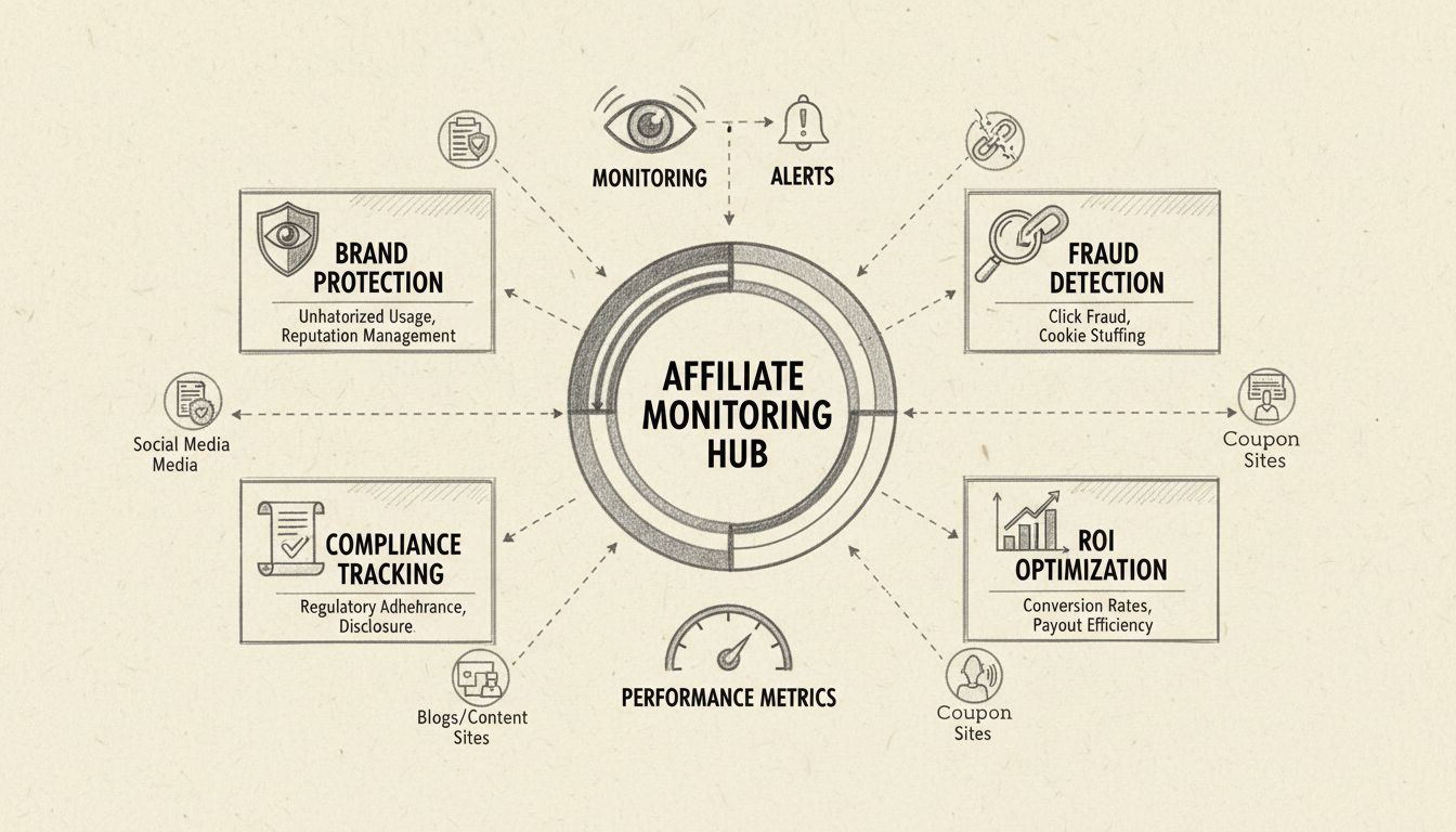 Painel de monitoramento de afiliados mostrando métricas de proteção de marca, detecção de fraudes, acompanhamento de conformidade e otimização de ROI