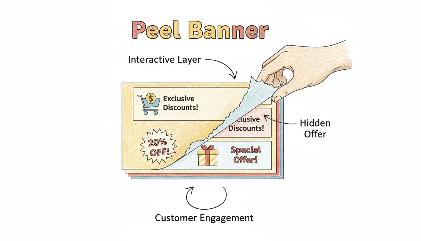 Diagrama desenhado à mão mostrando como os banners peel funcionam com camadas interativas revelando conteúdo promocional oculto e engajamento do cliente