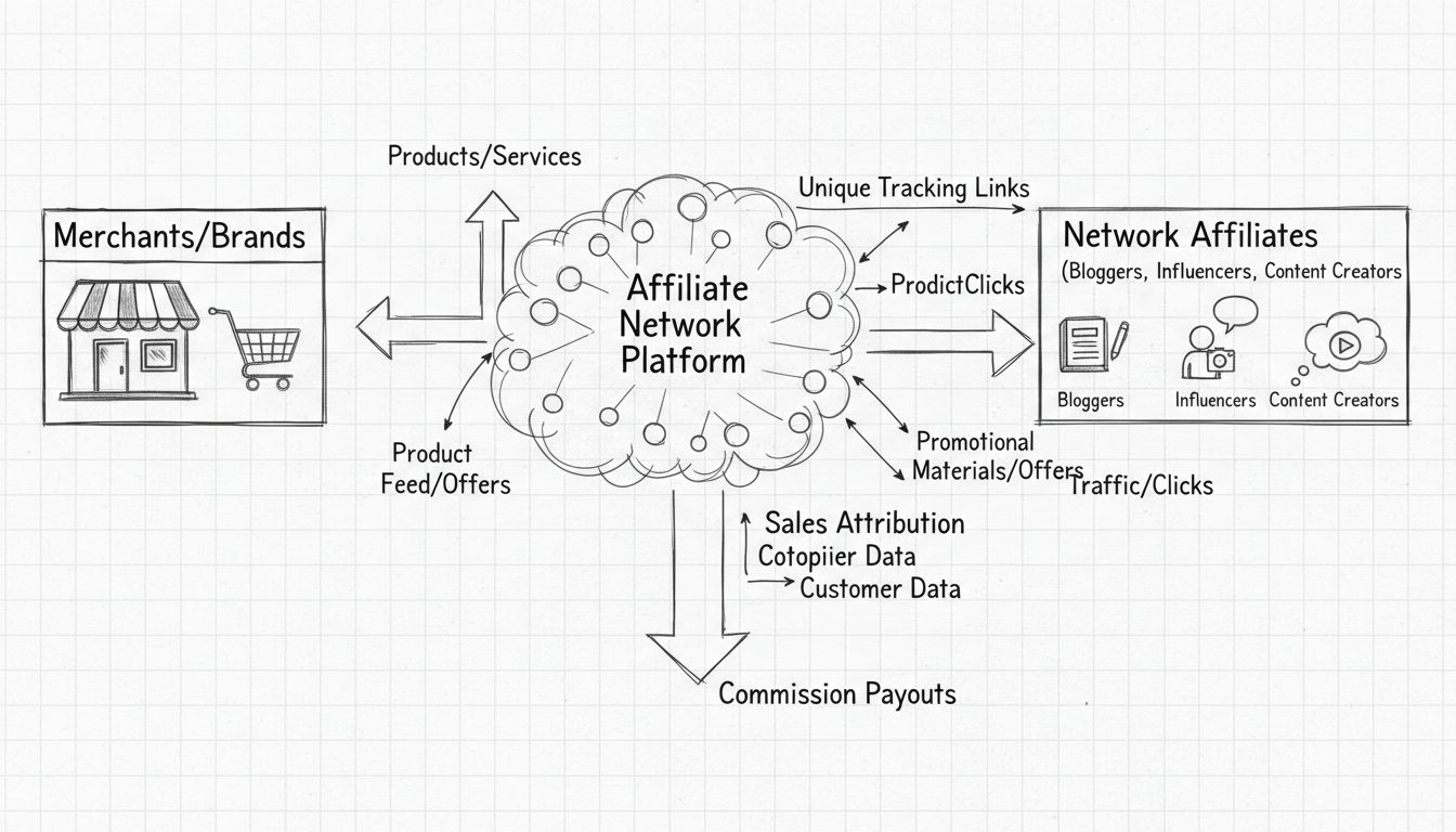 Diagrama do ecossistema de afiliados de rede mostrando comerciantes, plataforma de rede de afiliados e afiliados de rede com links de rastreamento e fluxos de comissão