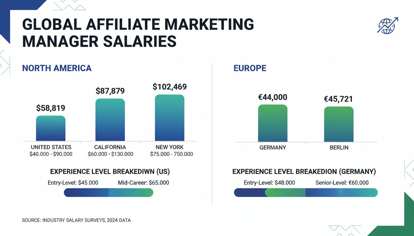 Gráfico comparativo de salários de gerente de marketing de afiliados mostrando médias nos Estados Unidos, Califórnia, Alemanha e Berlim com visualização de dados
