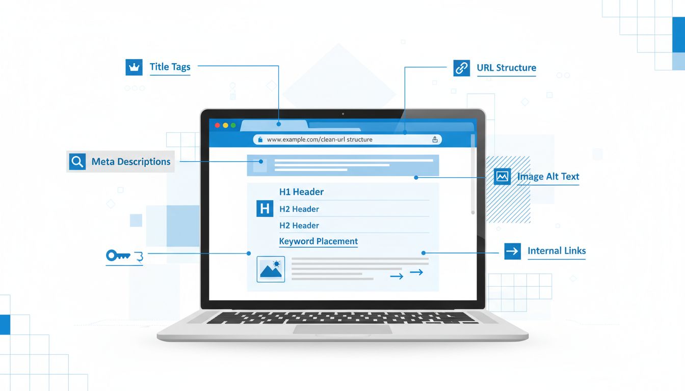 Elementos de otimização de SEO on-page incluindo tags de título, meta descrições, tags de cabeçalho, posicionamento de palavras-chave, estrutura de URL, links internos e texto alternativo de imagens exibidos na tela de um notebook