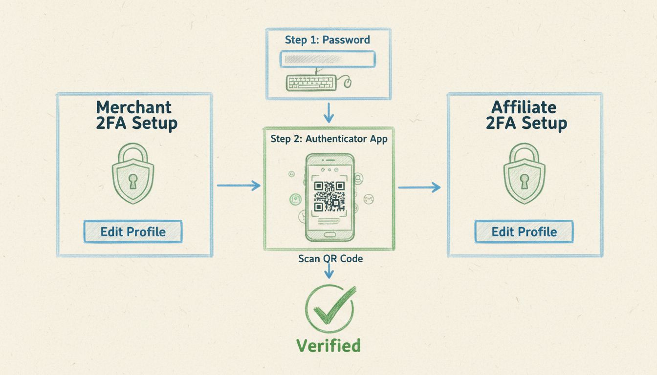 Diagrama de configuração de verificação em 2 etapas para comerciantes e afiliados mostrando acesso ao Editar Perfil e integração com aplicativo de autenticação