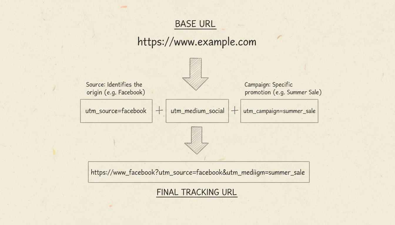 Diagrama desenhado à mão mostrando como criar URLs de rastreamento com estrutura de parâmetros UTM