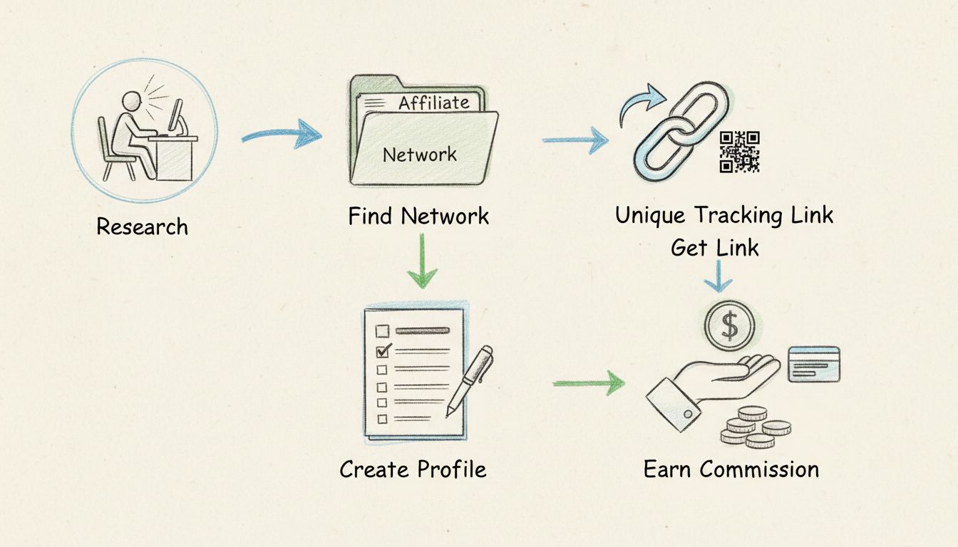 Diagrama desenhado à mão mostrando o processo passo a passo para ingressar em uma rede de afiliados: pesquisa, criação do perfil, geração de links e etapas de recebimento de comissão