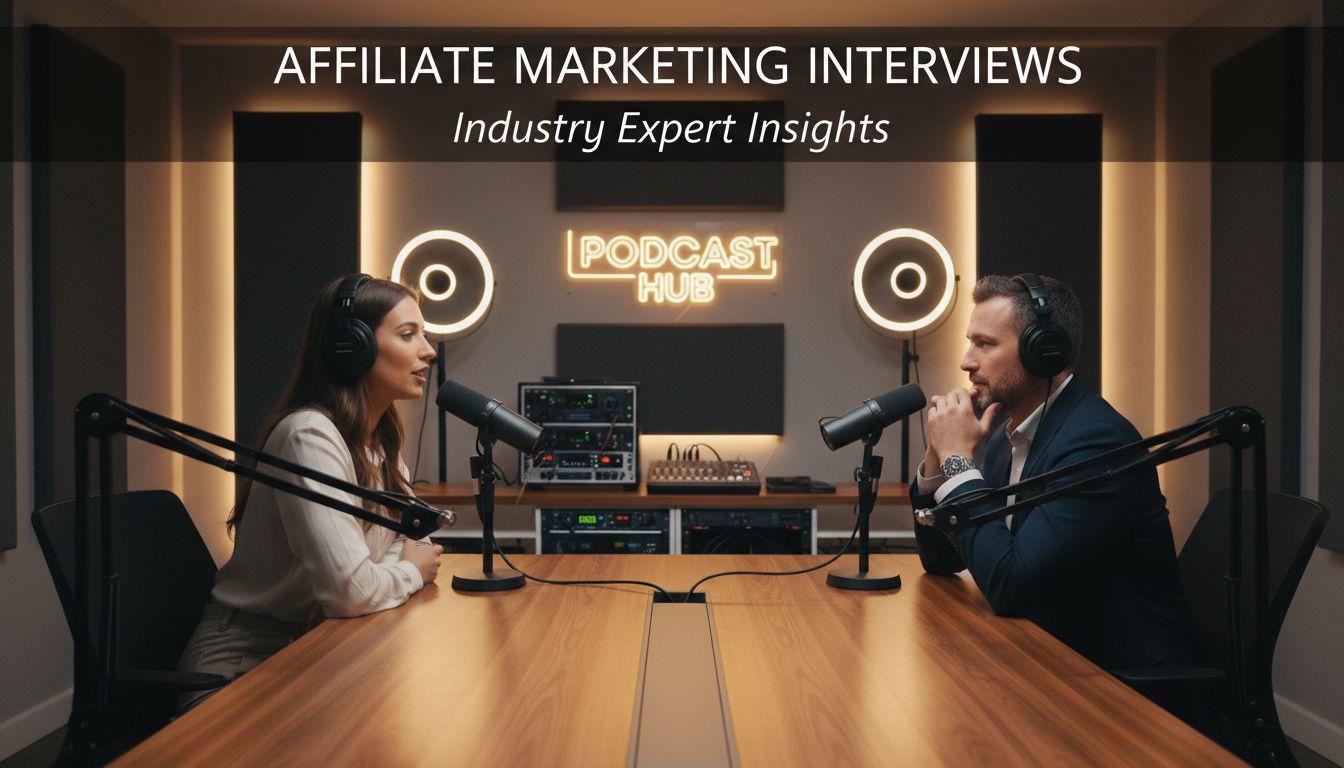 Configuração profissional de podcast com especialistas em marketing de afiliados discutindo estratégias e insights