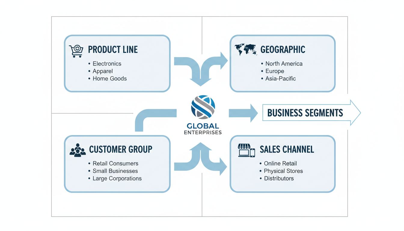 Diagrama de segmentos de negócios mostrando linhas de produtos, segmentos geográficos, grupos de clientes e canais de vendas