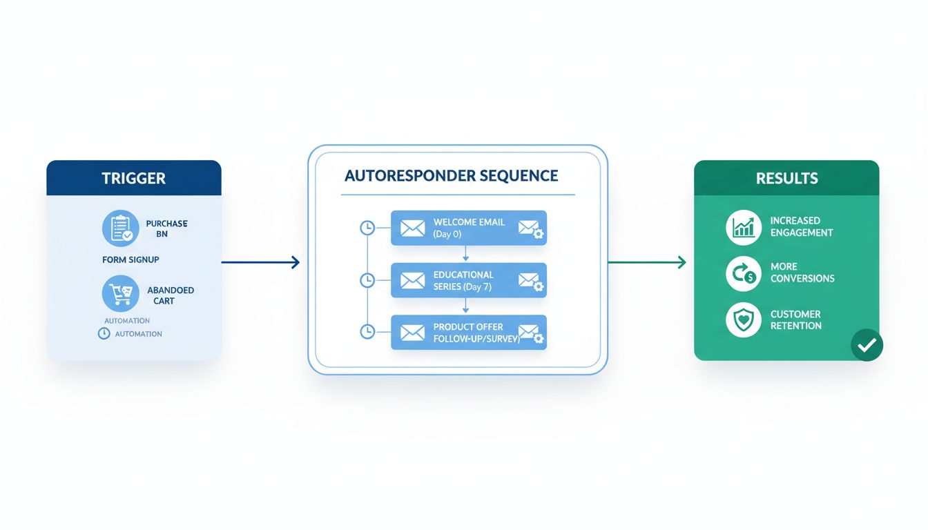 Diagrama de fluxo de trabalho de autoresponder de e-mail mostrando gatilho, sequência automatizada e resultados