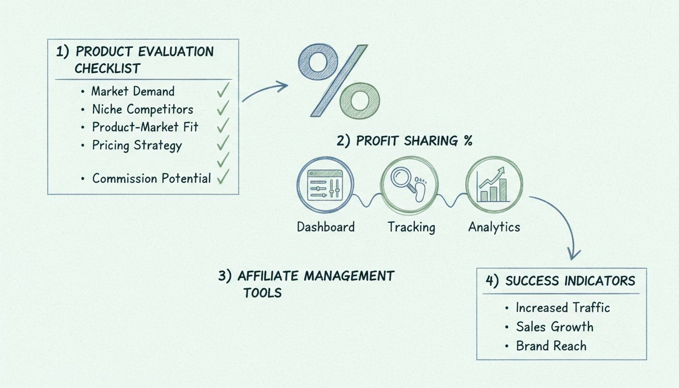 Diagrama desenhado à mão mostrando etapas de configuração de um programa de afiliados, incluindo avaliação do produto, divisão de lucros e ferramentas de gestão