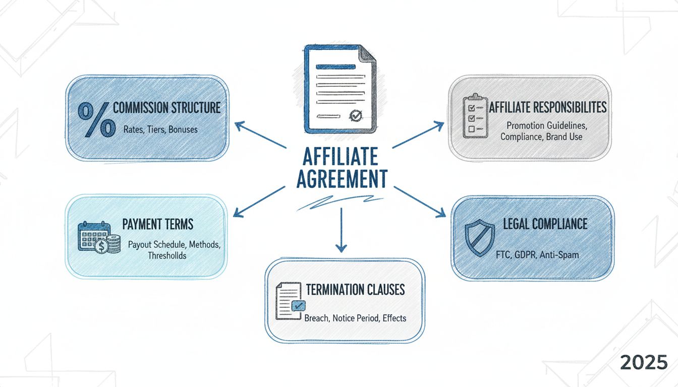 Infográfico de Componentes do Contrato de Afiliados mostrando Estrutura de Comissão, Termos de Pagamento, Responsabilidades do Afiliado, Conformidade Legal e Cláusulas de Rescisão