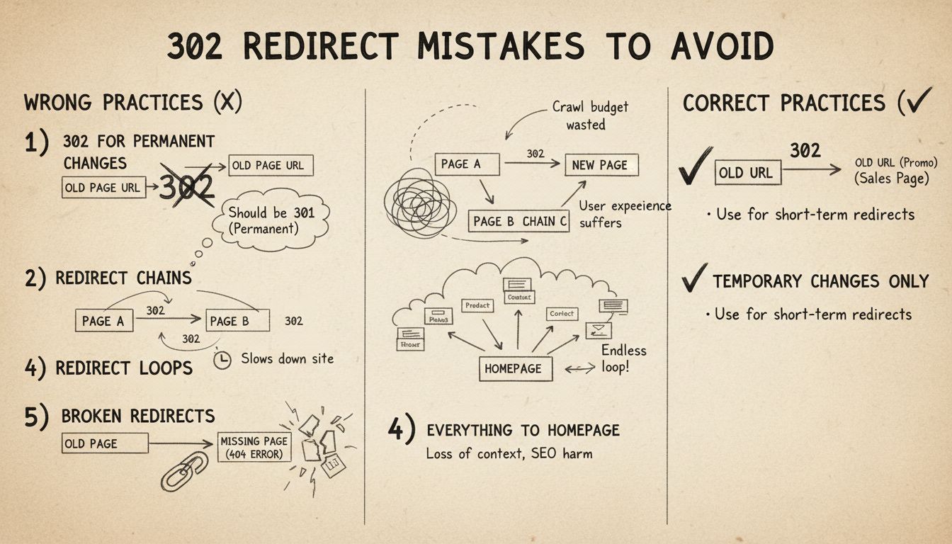 Diagrama técnico mostrando erros a evitar com redirecionamentos 302, incluindo cadeias, loops e padrões de uso inadequados