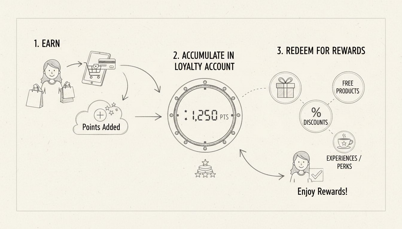 Diagrama desenhado à mão mostrando como funcionam programas de fidelidade baseados em pontos com compras de clientes, acúmulo de pontos e resgate de recompensas