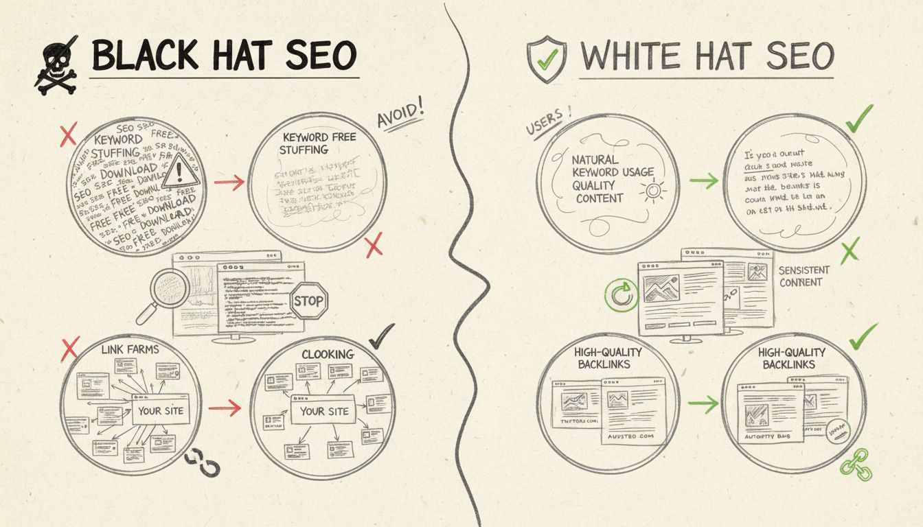 Diagrama comparando táticas de black hat e white hat SEO mostrando técnicas proibidas à esquerda e alternativas éticas à direita