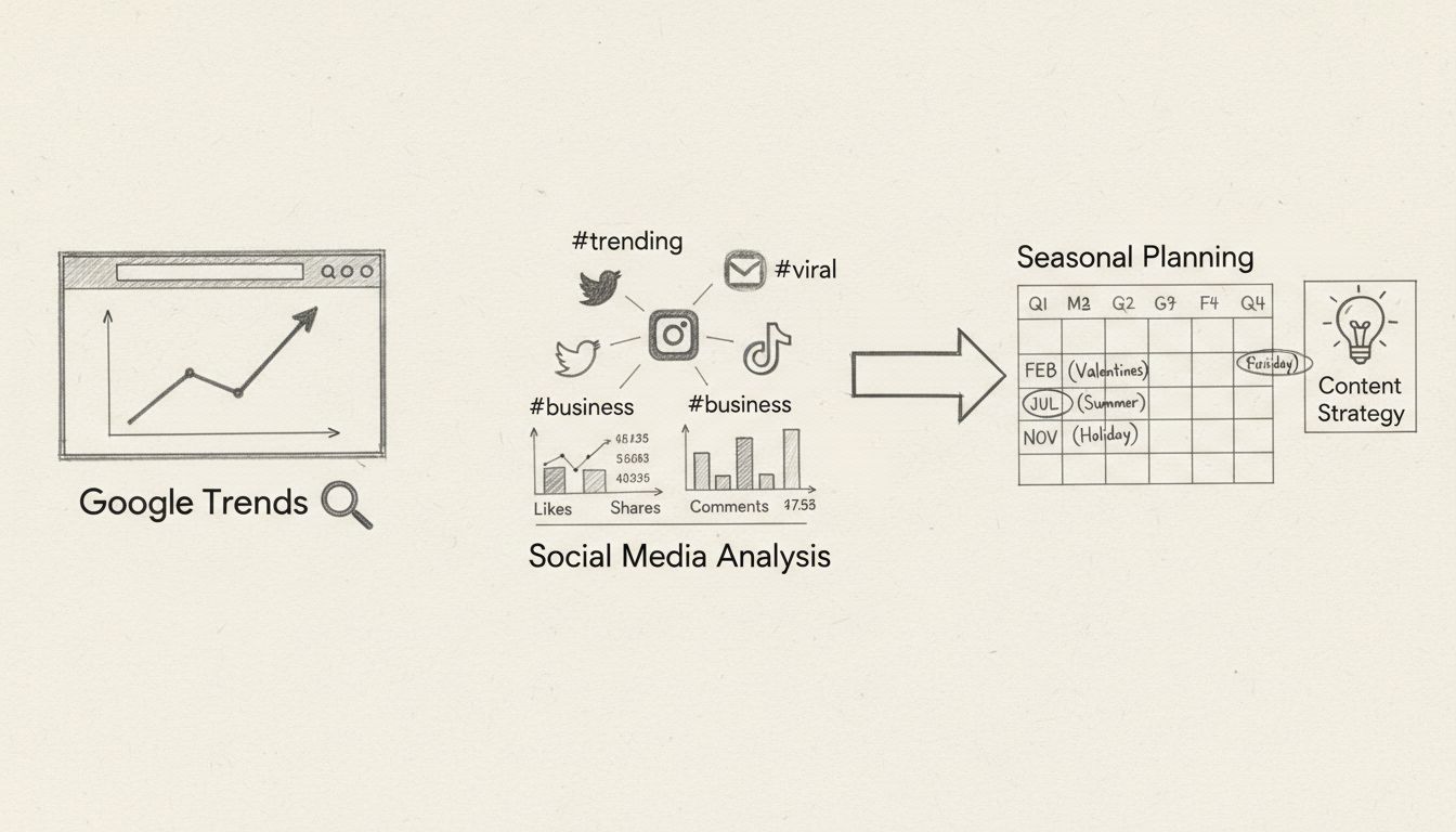 Diagrama do fluxo de pesquisa de tópicos em alta mostrando interface do Google Trends, análise de hashtags em redes sociais e planejamento de conteúdo sazonal