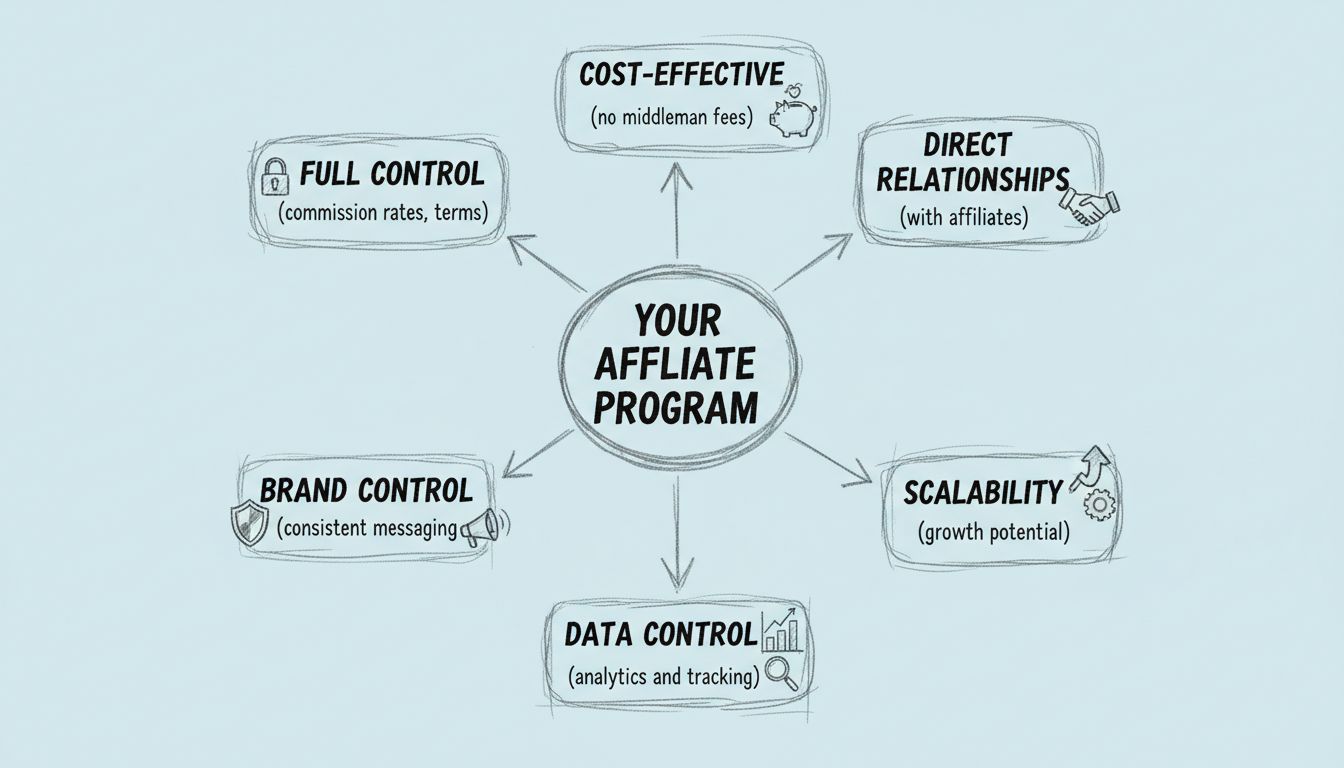Diagrama desenhado à mão mostrando seis principais vantagens de criar seu próprio programa de afiliados: Controle Total, Econômico, Relacionamento Direto, Controle de Marca, Controle de Dados e Escalabilidade
