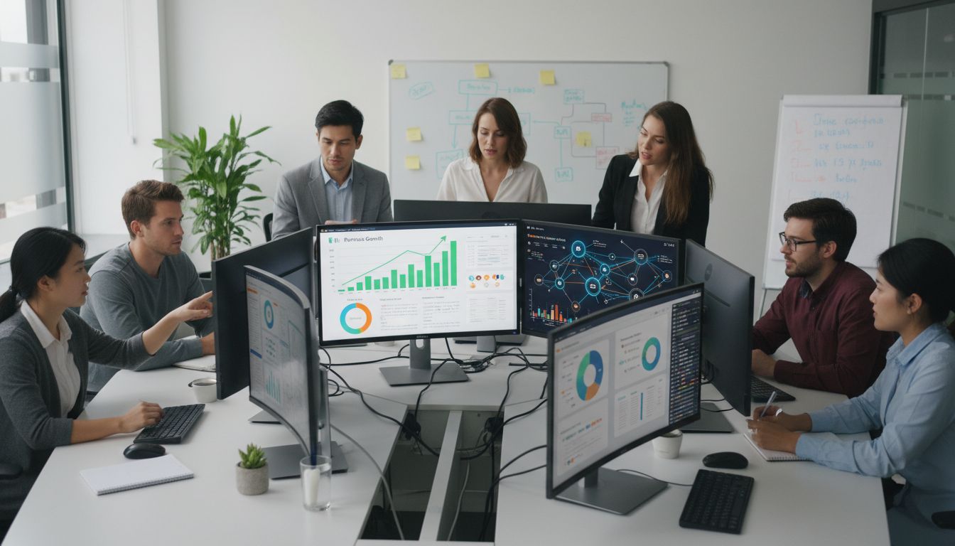 Equipe de startup de tecnologia colaborando em estratégia de marketing de afiliados com dashboard exibindo métricas e visualização de rede de parceiros