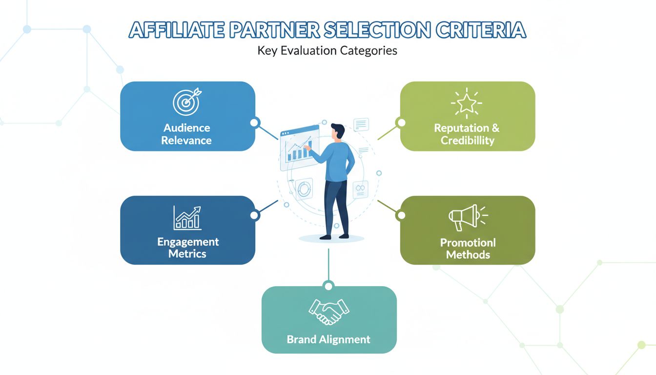 Critérios chave para escolher parceiros de afiliados, incluindo relevância de audiência, reputação, métricas de engajamento, métodos promocionais e alinhamento de marca