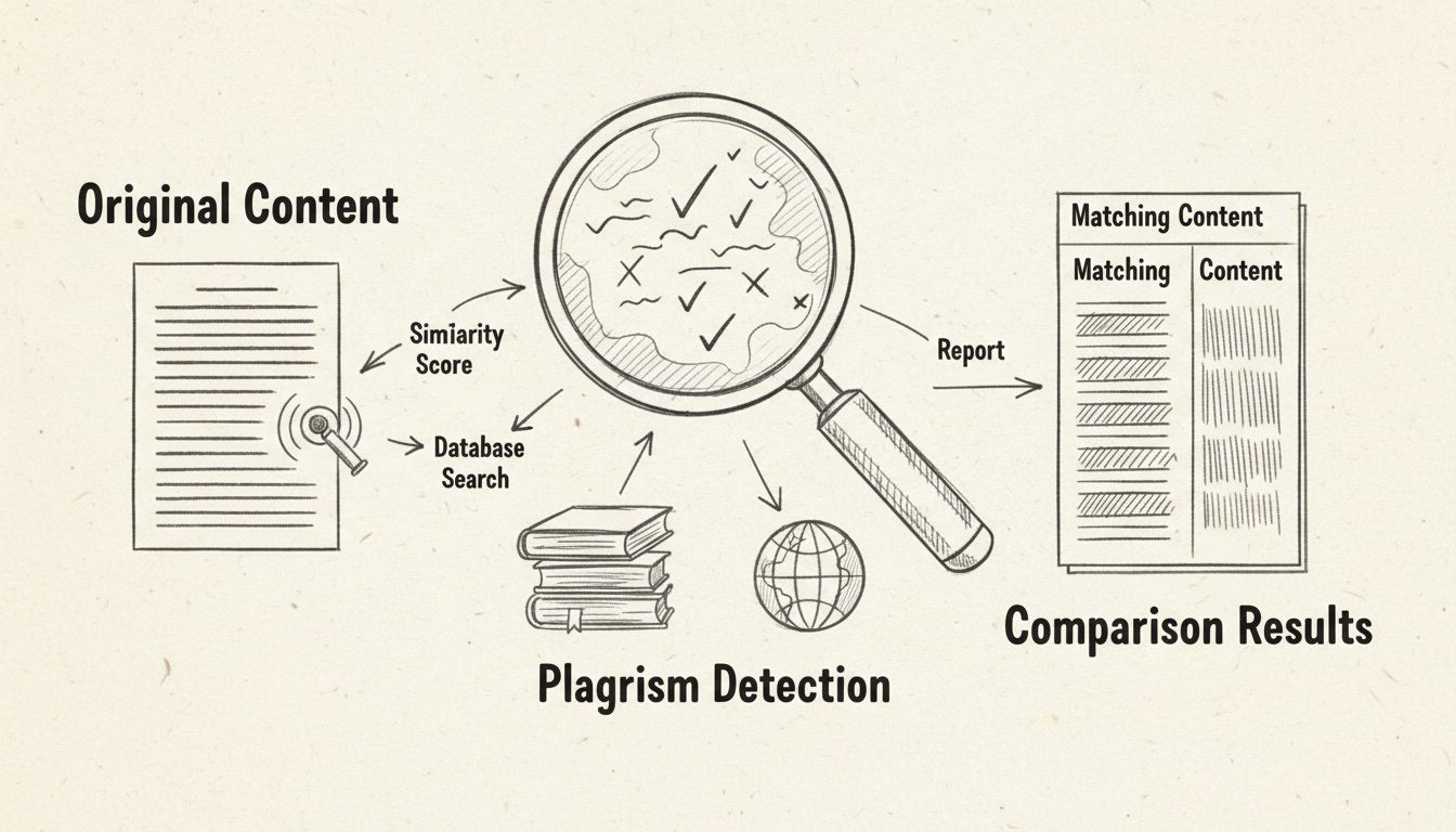 Diagrama feito à mão mostrando fluxo de detecção de plágio com escaneamento de documentos, análise comparativa e destaque de resultados