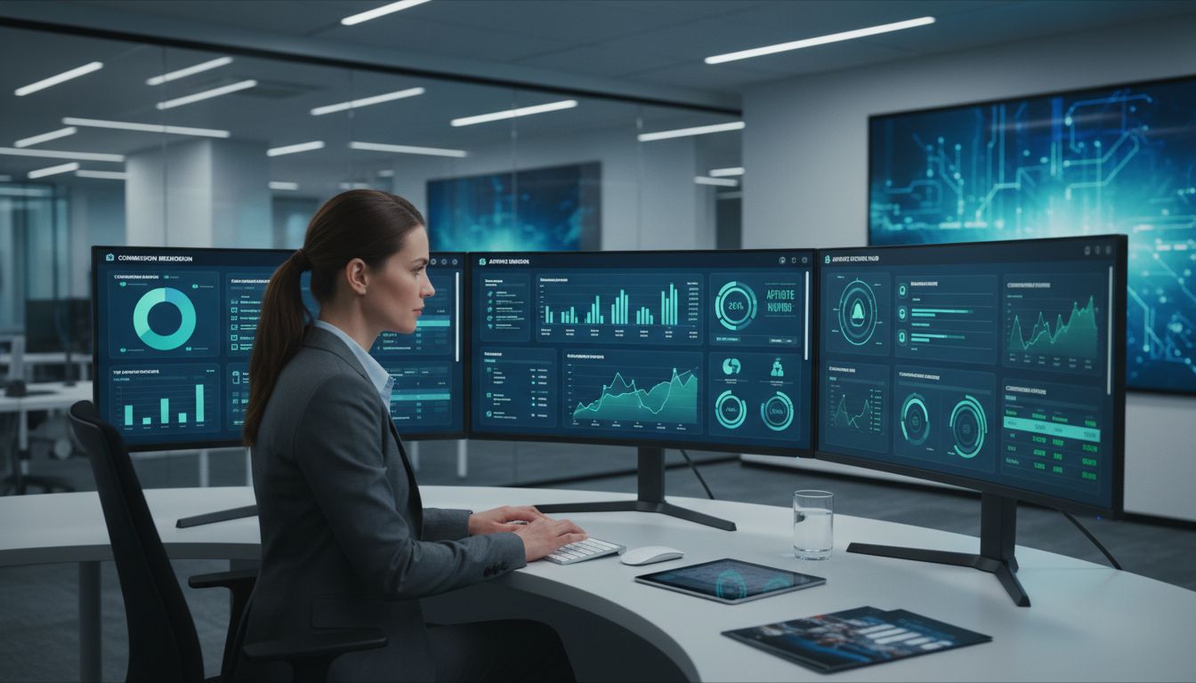 Gerente de afiliados em mesa com múltiplos monitores exibindo painéis analíticos e métricas de desempenho