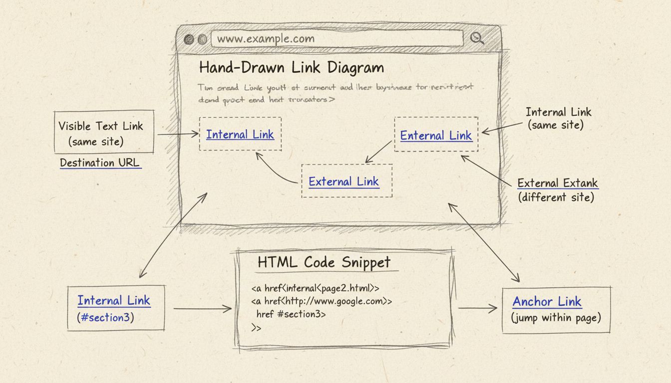 Diagrama desenhado à mão mostrando a estrutura de links de texto visível com código HTML, exemplos de links internos, externos e âncora