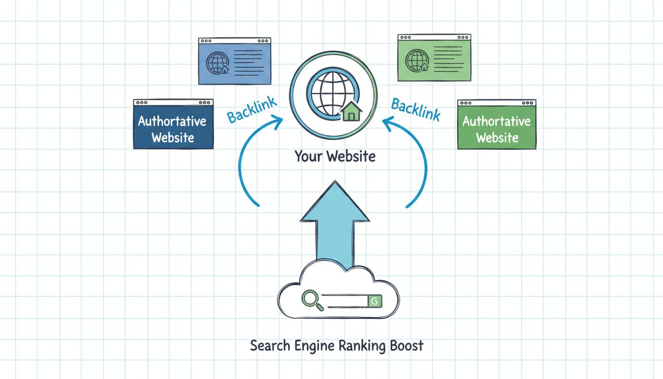 Infográfico mostrando como backlinks funcionam para SEO com vários sites conectados a um site central