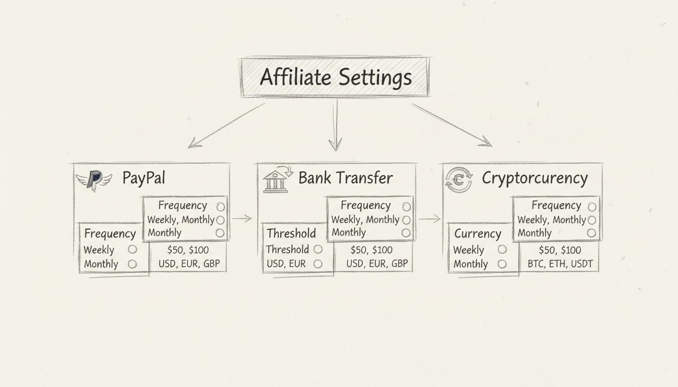 Diagrama do fluxo de personalização de pagamento de afiliados mostrando métodos e opções de frequência