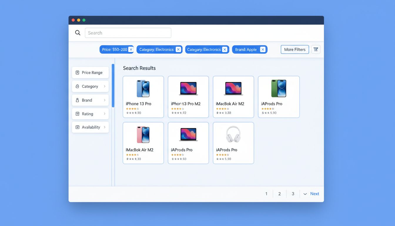 Cabeçalhos avançados de filtro de pesquisa exibindo filtros selecionados na barra de cabeçalho com painel de filtros minimizado
