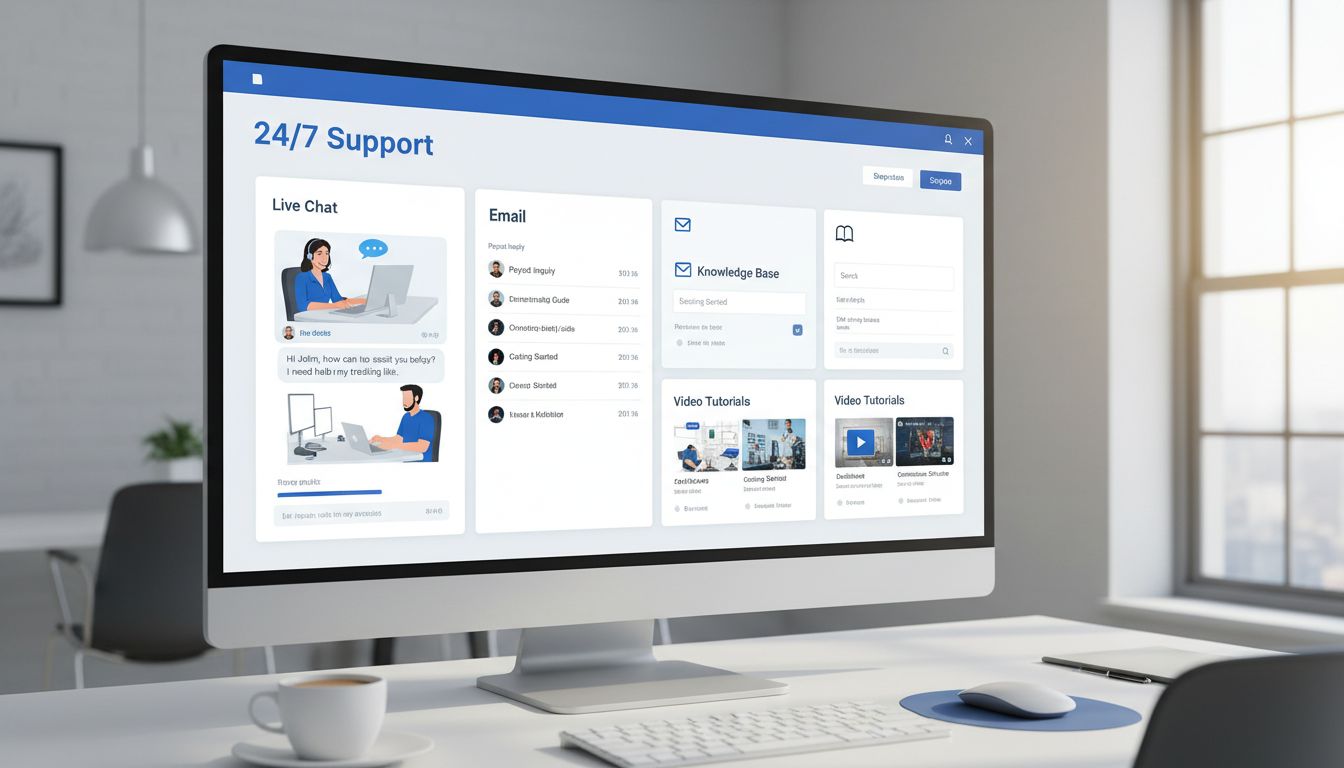 Painel de suporte profissional ao afiliado com múltiplos canais de comunicação incluindo chat ao vivo, e-mail, base de conhecimento e tutoriais em vídeo