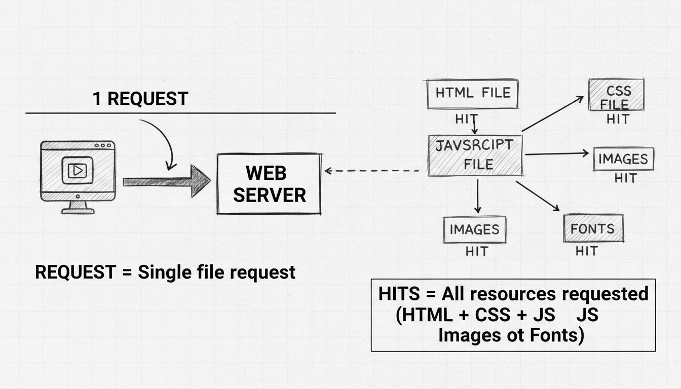Diagrama mostrando a diferença entre requisições HTTP e hits, com uma única requisição se desdobrando em múltiplos hits para HTML, CSS, JavaScript, imagens e fontes