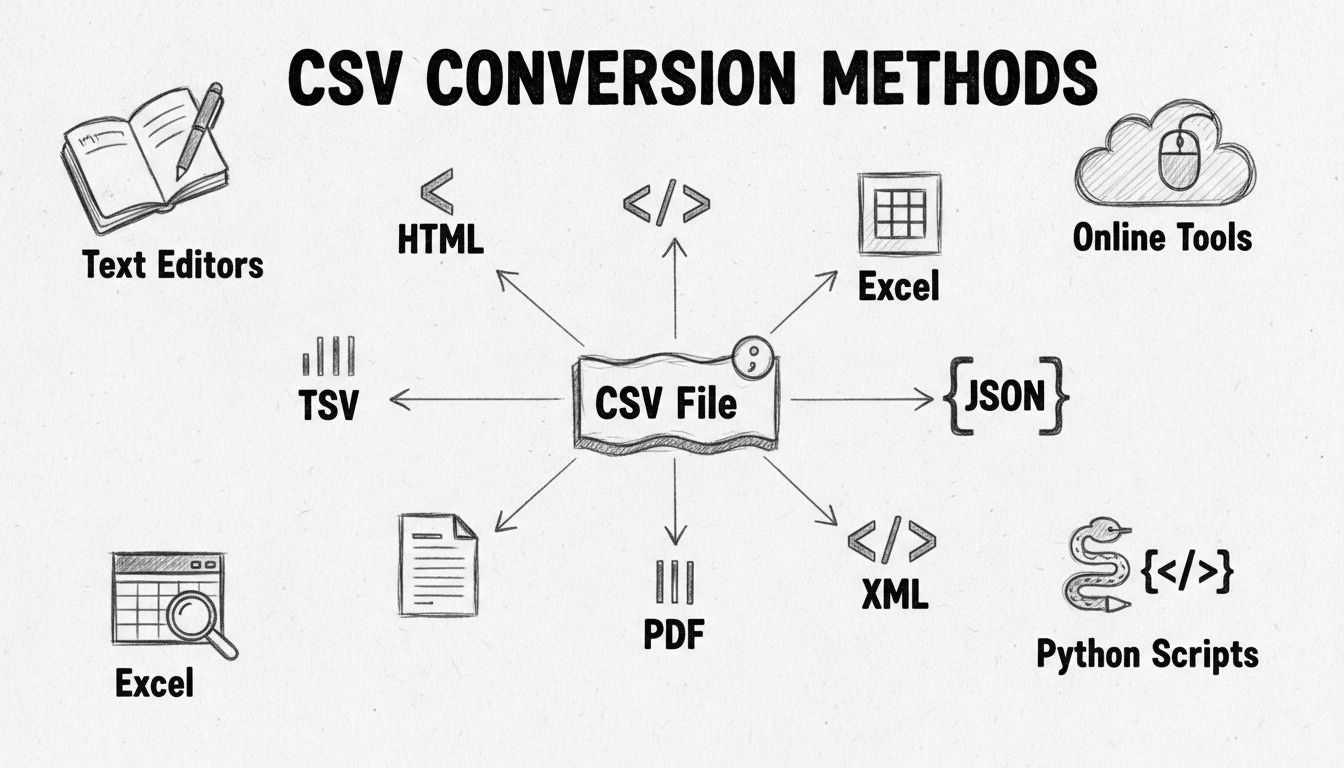 Diagrama de métodos de conversão de CSV mostrando diferentes formatos de saída e ferramentas de conversão