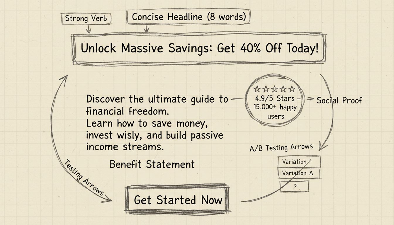 Diagrama feito à mão mostrando a anatomia de um texto de afiliado altamente conversivo com anotações para títulos concisos, verbos fortes, números, declarações de benefícios, prova social e CTAs claros