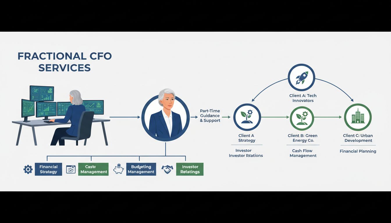 CFO fracionado prestando serviços financeiros como gestão de fluxo de caixa, orçamento, estratégia financeira, gestão de riscos e relações com investidores