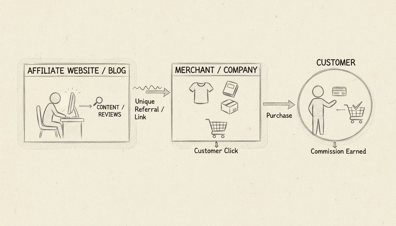Hand-drawn diagram showing how affiliate sites work with three components: affiliate website, merchant company, and customer, connected by arrows showing referral links, clicks, purchases, and commissions