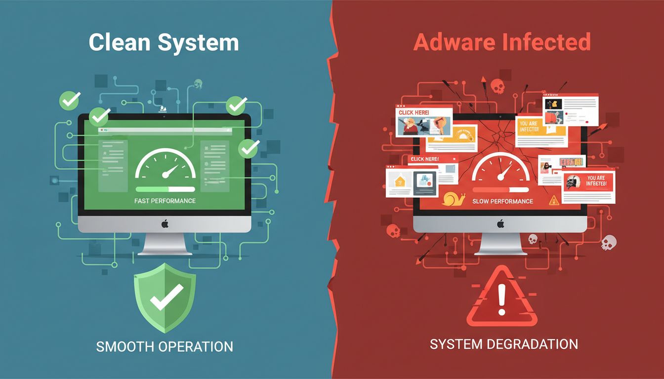 Infográfico comparando sistema limpo vs. PC infectado por adware mostrando degradação de desempenho e ameaças de segurança