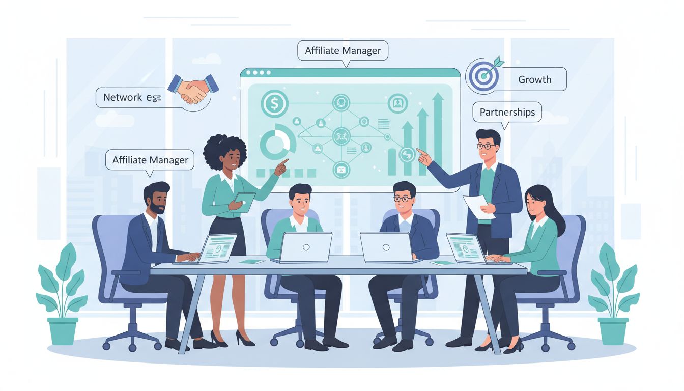 Equipe profissional de gerentes de afiliados colaborando ao redor de uma mesa com laptops, gráficos e diagramas de rede mostrando estratégias de parceria e crescimento
