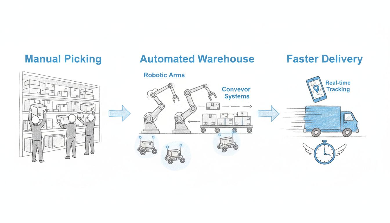 Diagrama do fluxo de automação logística em e-commerce mostrando picking manual, sistemas de armazém automatizados com robôs e esteiras, e resultados de entregas mais rápidas